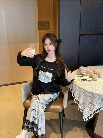 2pcs Sanrio Genuine Authorization, for Hello Kitty Cartoon Loungewear Set, Spring And Autumn Long-sleeved Loose Set, for Hello Kitty Sweet, Bow Lace Pajama Set, The Best Gift For Friends And Girlfriends