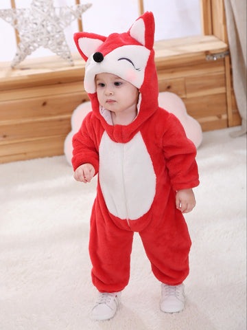 Red Fox Onesie For Baby Boys And Girls, Warm Spring&Autumn Hooded Jumpsuit For Toddlers, Cartoon Animal Fancy Party Wear For Kids, Infant Flannel For Halloween