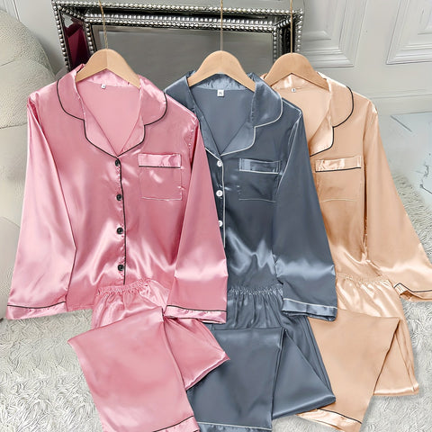 3pcs Women'S Satin Set - Casual Solid Color Long Sleeve Shirt & Elastic Waist Pants, Turn- Collar, Button Detail, Polyester, Autumn Winter Pajamas, Comfortable Loungewear|Casual Style|Polyester Fabric