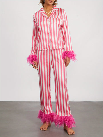 Women's Y2K Satin 2pcs Pajama Set Long Sleeve Lapel Neck Striped Tops + Elastic Waist Patchwork Pants Sleepwear Outfit