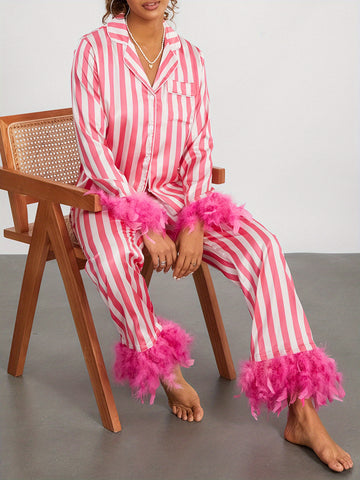 Women's Y2K Satin 2pcs Pajama Set Long Sleeve Lapel Neck Striped Tops + Elastic Waist Patchwork Pants Sleepwear Outfit