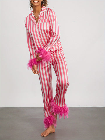 Women's Y2K Satin 2pcs Pajama Set Long Sleeve Lapel Neck Striped Tops + Elastic Waist Patchwork Pants Sleepwear Outfit