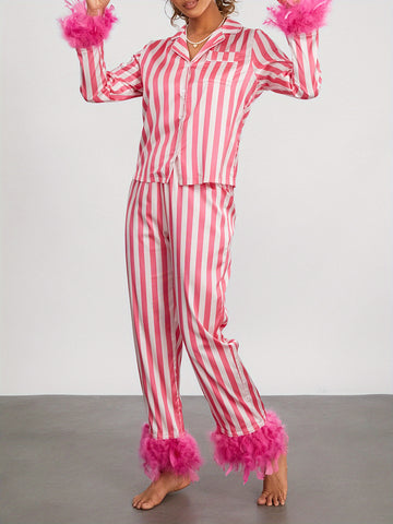 Women's Y2K Satin 2pcs Pajama Set Long Sleeve Lapel Neck Striped Tops + Elastic Waist Patchwork Pants Sleepwear Outfit