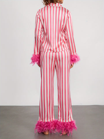 Women's Y2K Satin 2pcs Pajama Set Long Sleeve Lapel Neck Striped Tops + Elastic Waist Patchwork Pants Sleepwear Outfit