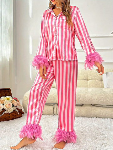 Women's Y2K Satin 2pcs Pajama Set Long Sleeve Lapel Neck Striped Tops + Elastic Waist Patchwork Pants Sleepwear Outfit