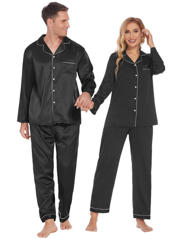 Couples Matching Pajamas Silky Long Sleeve Sleepwear Satin Soft Button Down Loungewear Pjs Set S-XXL   Pajama Set  2 Piece Lounge Set Tops and long Soft Sleepwear Chest Pocket   matching pajama pants set for couples gift for Valentine's Day