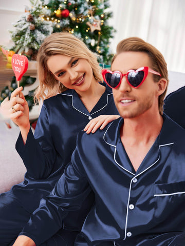 Couples Matching Pajamas Silky Long Sleeve Sleepwear Satin Soft Button Down Loungewear Pjs Set S-XXL   Pajama Set  2 Piece Lounge Set Tops and long Soft Sleepwear Chest Pocket   matching pajama pants set for couples gift for Valentine's Day