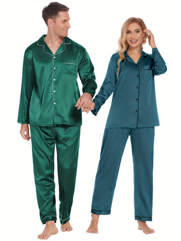 Couples Matching Pajamas Silky Long Sleeve Sleepwear Satin Soft Button Down Loungewear Pjs Set S-XXL   Pajama Set  2 Piece Lounge Set Tops and long Soft Sleepwear Chest Pocket   matching pajama pants set for couples gift for Valentine's Day