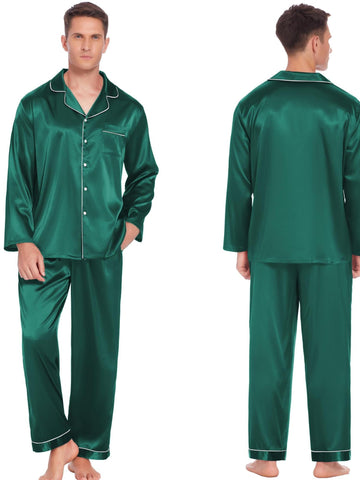 Couples Matching Pajamas Silky Long Sleeve Sleepwear Satin Soft Button Down Loungewear Pjs Set S-XXL   Pajama Set  2 Piece Lounge Set Tops and long Soft Sleepwear Chest Pocket   matching pajama pants set for couples gift for Valentine's Day