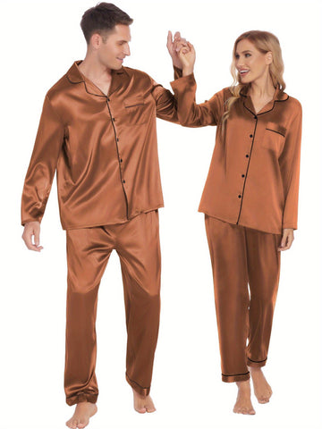 Couples Matching Pajamas Silky Long Sleeve Sleepwear Satin Soft Button Down Loungewear Pjs Set S-XXL   Pajama Set  2 Piece Lounge Set Tops and long Soft Sleepwear Chest Pocket   matching pajama pants set for couples gift for Valentine's Day