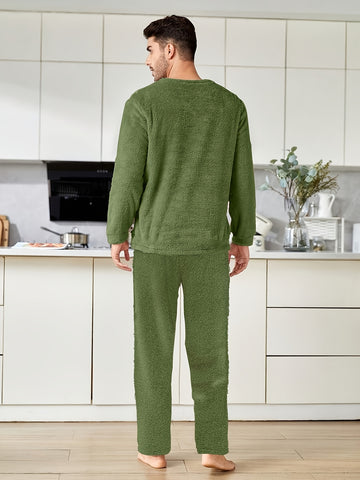 Men And Women Couple Fleece Pajama Set - Christmas Gingerbread Man Embroidery Design, Thickened for Autumn And Winter, Featuring a Round Neck Long Sleeve And Long Pants, Machine Washable (Single Piece Set)