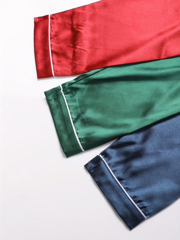 3 Sets Women's Solid Satin Casual Pajama Set, Long Sleeve Buttons Lapel Top & Pants, Comfortable Relaxed Fit For Autumn & Winter