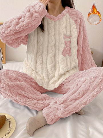 Youth Winter Warm Fleece Pajamas Set, Cute Bear Pattern Casual Home Wear Set, For Teenager