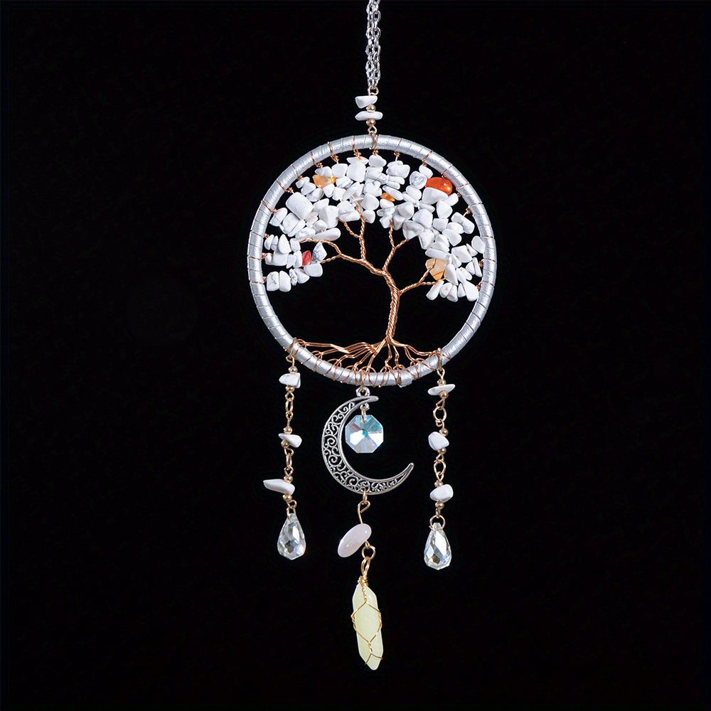 1pc Tree of Life White Stone Hanging Ornament with Moon and Crescent Charms, Energy Healing Car Pendant, Rearview Mirror Decor, Home & Window Decoration, Christmas Gift
