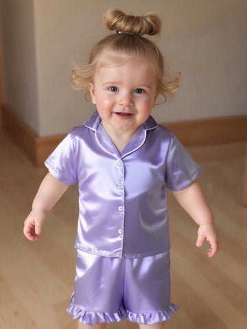 Youngsters Youngsters Youngsters Girl Summer Pajamas Set Silky Solid Color Short Sleeve Lapel V Neck Button Shirt Top Ribbon Elastic Waist Ruffle Shorts 2pcs Lounge Outfit