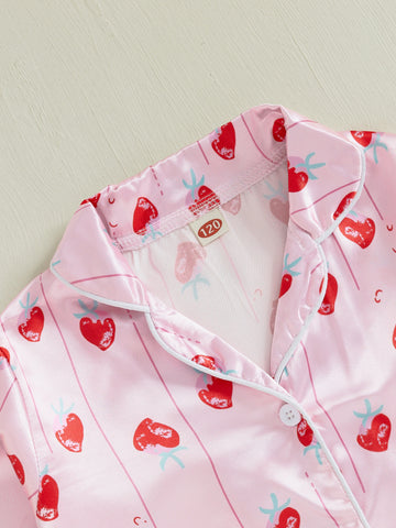 Little Girl Valentines Day Pajama Set Heart Print Long Sleeve Button-up Tops Long Pants 2pcs Sleepwear Outfit