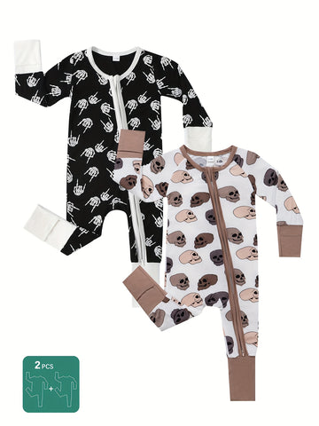 2pcs Bamboo Fiber baby onesies with cool claw skull print, double-sided zipper and matching pants - casual, all-season, machine washable - cute Halloween designs for babies, Bamboo Fiber baby clothes, great for the outdoors