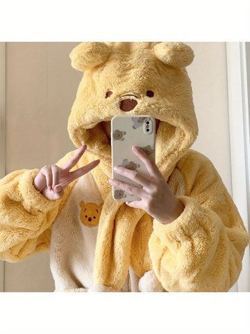 Disney, Winnie The Pooh Pajamas Set, Comfortable To Wear, New Autumn And Winter Cartoon Women'S Coral Fleece, Thickened, Cute Puff Sleeve Nightgown, Pajamas Set, Nightgown, Home Clothes, Unisex Nightgown, Warm Winter Nightgown.