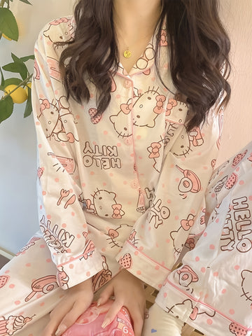 Sanrio Hello Kitty Pajama Sets Womens Button Long Sleeve Pj Pants Set Two-Piece Sleepwear Home Wear