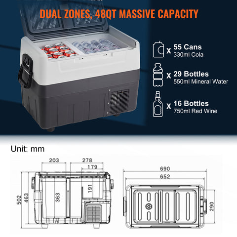 Happybuy 48 QT Car Refrigerator, 12V\u002F24V Dual Zone Portable Freezer, Compressor Cooler For Outdoor, Travel, RV, Camping