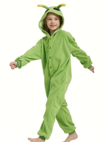 Youngsters' Green Alien Halloween Onesie Pajamas - Hooded Sleeve Sleepwear with Pockets, Soft Machine-Washable Loose Fit for Fall Winter Parties & Cosplay, Halloween Shirt, Youngsters Party Wear, Playful Design, Pocketed Onesie