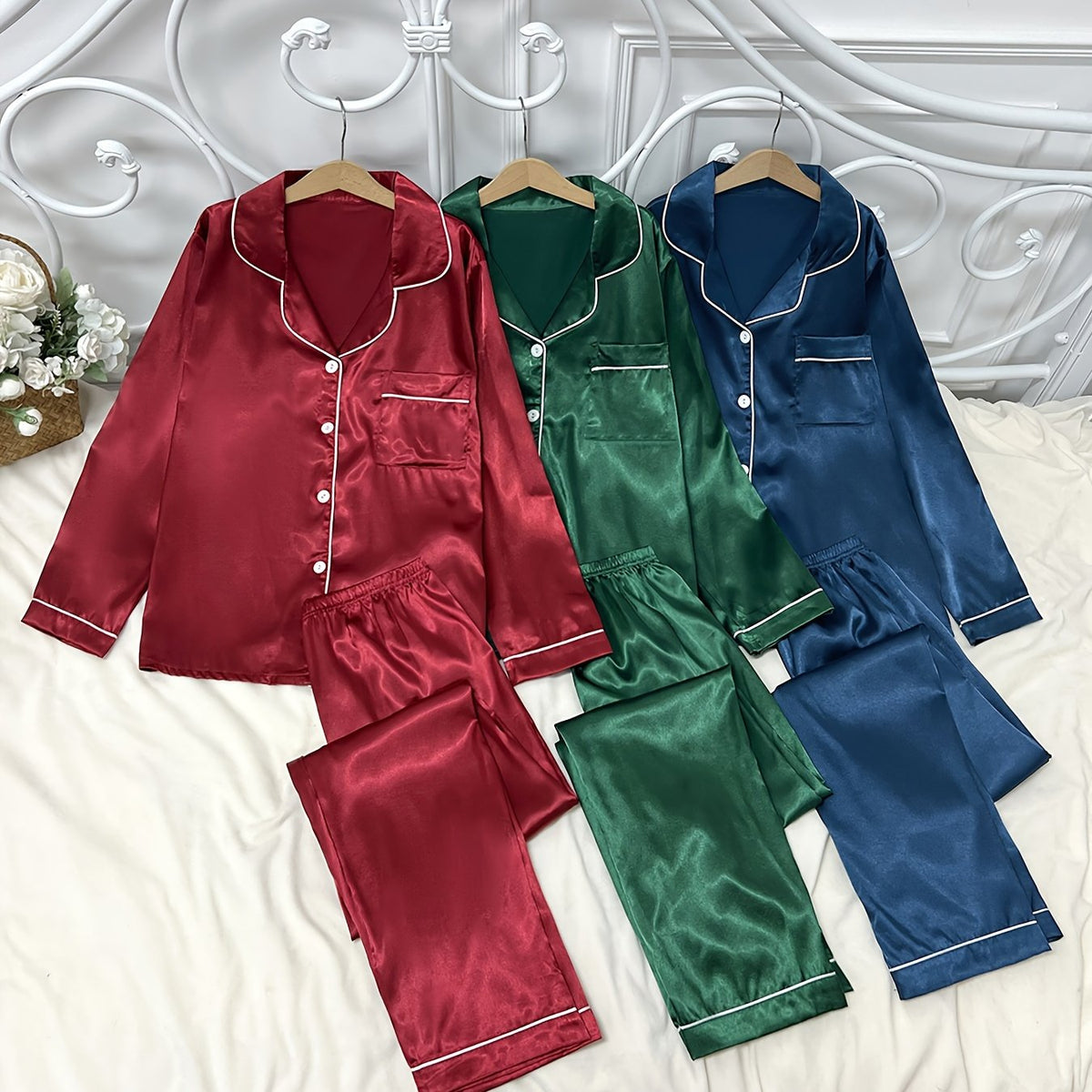 3 Sets Women's Solid Satin Casual Pajama Set, Long Sleeve Buttons Lapel Top & Pants, Comfortable Relaxed Fit For Autumn & Winter