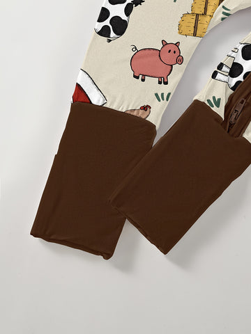 Bamboo Fiber Baby Sleeper, Farm Pig Cow Pattern, High Stretch Knit Fabric, Super Skinny Fit, with Crew Neck for All-Season Outdoor Wear, Allseason Clothing, Playful Design, Snug Fit, Soft Knit Material, Breathable Fabric, Comfortable Romper, Baby