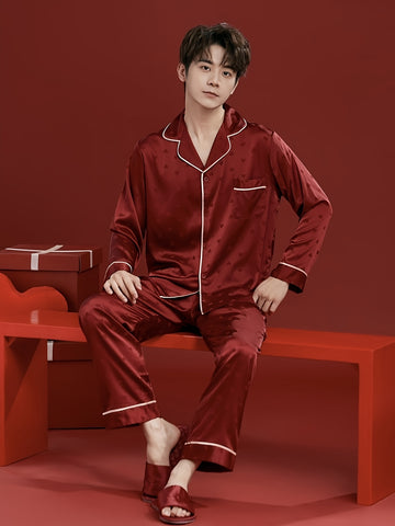 Christmas Love Heart Men's Pajamas Couple Set, Autumn-Winter Wedding Style Long Sleeve and Pants Set