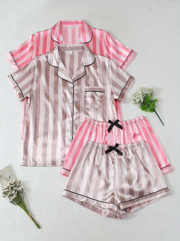 Two Sets of Youth Solid Color Striped Shorts and Short Sleeve Pajama Set, for Teenager