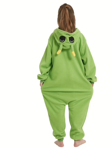 Youngsters' Green Alien Halloween Onesie Pajamas - Hooded Sleeve Sleepwear with Pockets, Soft Machine-Washable Loose Fit for Fall Winter Parties & Cosplay, Halloween Shirt, Youngsters Party Wear, Playful Design, Pocketed Onesie