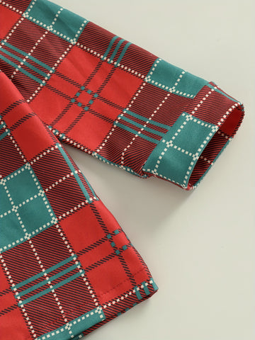 Cozy Cotton Blend Youngsters' Plaid Pajama Set with Button-Up Lapel Top & Long Pants - Cute Christmas Loungewear for Youngsters and Youngsters, Machine Washable