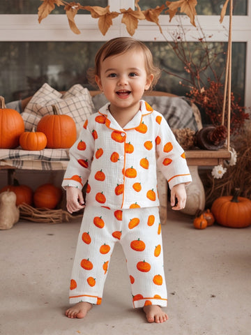 2pcs Girls Halloween Pajamas Set Long Sleeve Pumpkin Print Button Shirts and Pants Set Sleepwear