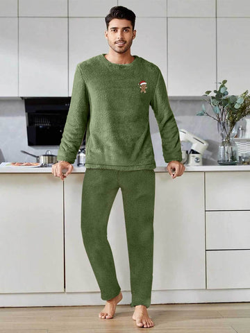 Men And Women Couple Fleece Pajama Set - Christmas Gingerbread Man Embroidery Design, Thickened for Autumn And Winter, Featuring a Round Neck Long Sleeve And Long Pants, Machine Washable (Single Piece Set)