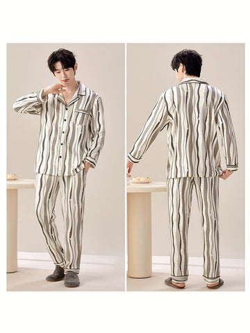 Couples' Pajama Set - Matching Long Sleeve Shirt & Pants Loungewear with Notch Collar & Button-Front Closure, Soft Striped All-Season Comfort, Unisex Full-Length Sleepwear for Men & Women, Cozy Casual Lounge Outfit (Striped Pattern, Easy Care)