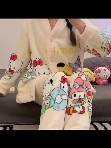 2pcs Sanrio Genuine Authorization, Hello Kitty Family Cartoon Pattern Long-sleeved Thickened Upgraded Pajama Set, Thick Warm Loungewear, Sweet And Cute Pajamas, Cardigan Loungewear Can Be Worn Outside, The Best Choice for Family And Friends
