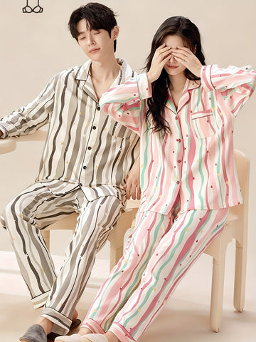 Couples' Pajama Set - Matching Long Sleeve Shirt & Pants Loungewear with Notch Collar & Button-Front Closure, Soft Striped All-Season Comfort, Unisex Full-Length Sleepwear for Men & Women, Cozy Casual Lounge Outfit (Striped Pattern, Easy Care)