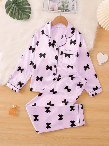 Cute Bow Print Sleepwear For Spring And Autumn, Comfortable Cardigan With Collar, Long Sleeved Top, Long Pants, Sizes 130-160, Medium To Large Children'S And Girls' Set, Home Wear