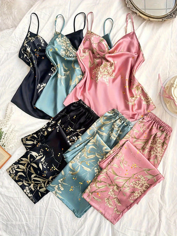 6pcs Youth Style Four Seasons Fashion Casual Comfortable Printed Stacked Collar Strap Long Pants Pajamas Set, All-Season, Regular Fit, with Applique Details, for Teen, Allseason Pajamas|Casual Style Pajamas|Stretchy Fabric, For Teenager