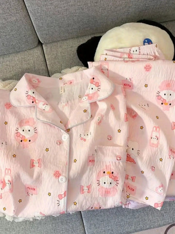 Y2K Trendy Pajamas Trendy Pink KT Cat Pajamas Women's Summer Shorts SetOpen Cardigan Fluffy Home Wear 25AW Christmas,  Summer Sleepwear, Playful Design, Quality Loungewear, Breathable Sleepwear, Women's Nightwear, Twopiece Pajamas, Young Women, Gift
