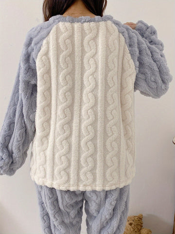 Youth Winter Warm Fleece Pajamas Set, Cute Bear Pattern Casual Home Wear Set, For Teenager