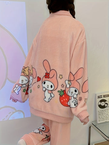 2pcs Sanrio Genuine Authorization, Cartoon Pattern Long-sleeved Pajama Set, Thick, Warm Loungewear, Sweet, Cute, Pajamas, Can Be Worn Outside, Loungewear Two-piece Set