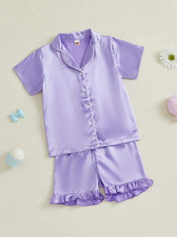 Youngsters Youngsters Youngsters Girl Summer Pajamas Set Silky Solid Color Short Sleeve Lapel V Neck Button Shirt Top Ribbon Elastic Waist Ruffle Shorts 2pcs Lounge Outfit