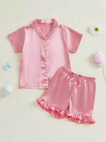 Youngsters Youngsters Youngsters Girl Summer Pajamas Set Silky Solid Color Short Sleeve Lapel V Neck Button Shirt Top Ribbon Elastic Waist Ruffle Shorts 2pcs Lounge Outfit