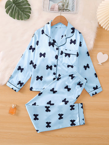 Cute Bow Print Sleepwear For Spring And Autumn, Comfortable Cardigan With Collar, Long Sleeved Top, Long Pants, Sizes 130-160, Medium To Large Children'S And Girls' Set, Home Wear