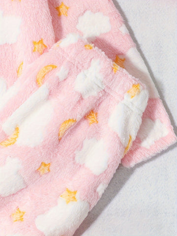 Girls' cartoon printed plush top with two pieces of Fleece pants, girls' autumn and winter suit