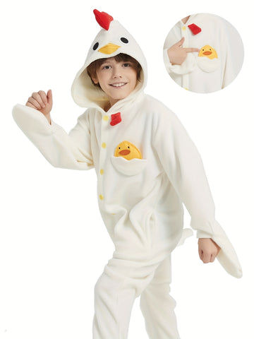 Boys' Rooster Pajamas - Hooded Long Sleeve Thick Fleece-Lined Winter Sleepwear with Details, Loose Fit Machine Washable Youngsters Party & Home Clothing for Autumn\u002FWinter, Boy Christmas Pajamas, Cozy Loungewear, Playful Design, Fleecelined Fabric
