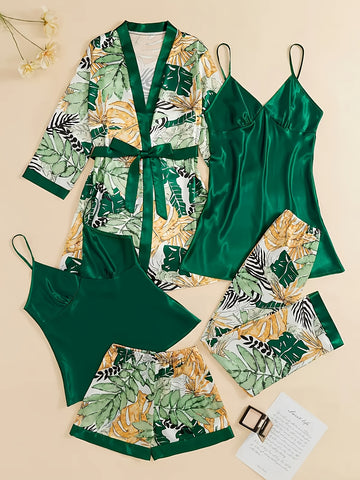 5pcs Satin Pajama Set, Including Outerwear, Long Camisole, Short Camisole, Pants, Shorts, Women's Sleepwear&home Wear, Camisole Sleepwear Simple, Fashionable, Comfortable And Loose Pajama Set