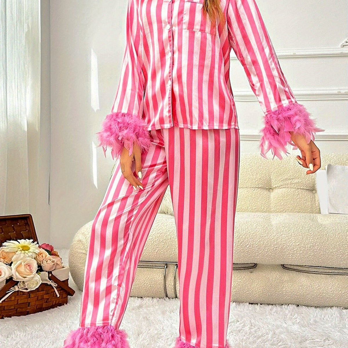 Women's Y2K Satin 2pcs Pajama Set Long Sleeve Lapel Neck Striped Tops + Elastic Waist Patchwork Pants Sleepwear Outfit