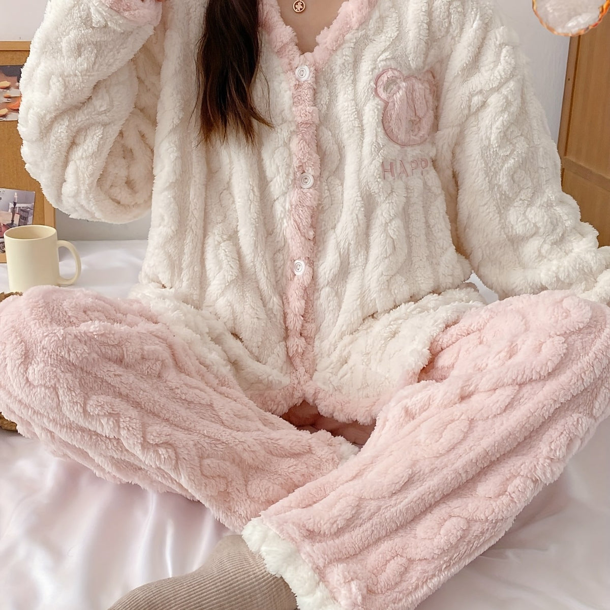 Teen'S Cozy Winter Plush Pajama Set with Bear Letter Print - Soft Pink & White Flannel Sleepwear, Long Sleeve Pajamas with Button Front, Perfect for Casual Home Wear, Bear Pajamas, Winter Sleepwear, Plush Flannel Fabric