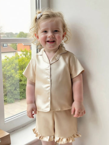 Youngsters Youngsters Youngsters Girl Summer Pajamas Set Silky Solid Color Short Sleeve Lapel V Neck Button Shirt Top Ribbon Elastic Waist Ruffle Shorts 2pcs Lounge Outfit